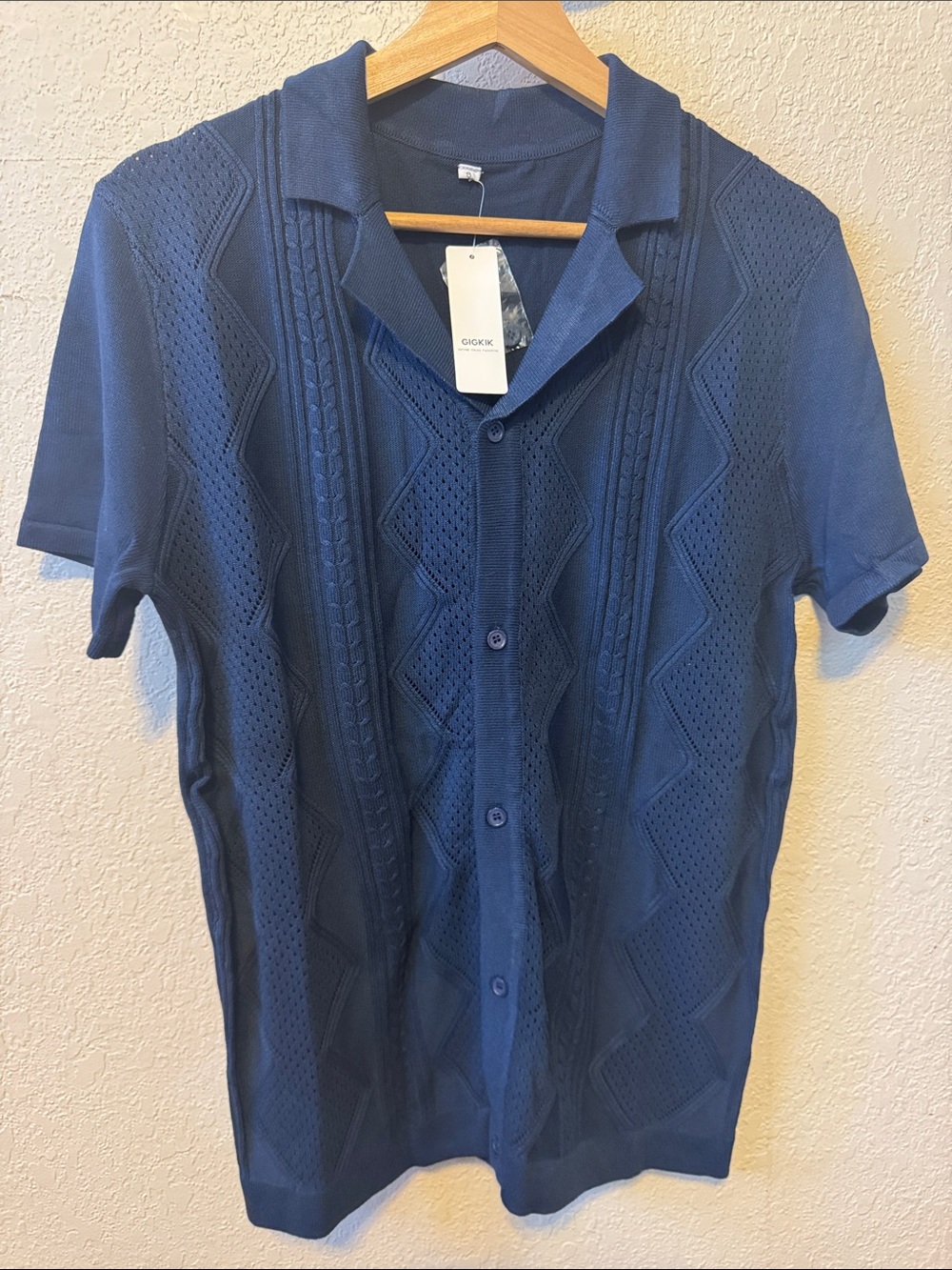 Navy Short-Sleeve Knit Button-Down Shirt